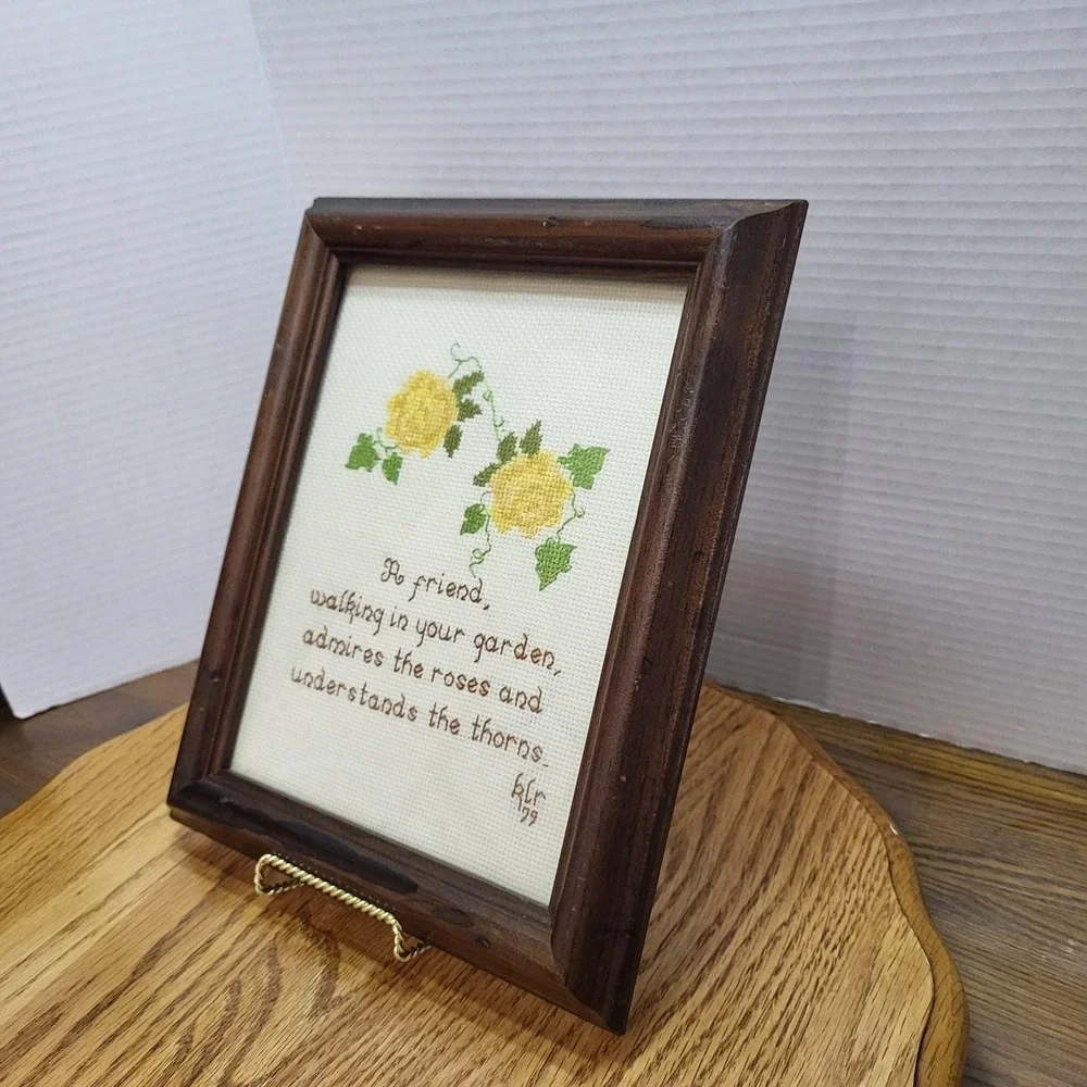 VTG Wood Framed Cross Stitch Needlepoint Friend Walking Garden Picture Roses